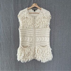 BCBGMaxAzria  Cream Ecru Wool Alpaca Blend Fringe Double Zip Up Sweater Vest